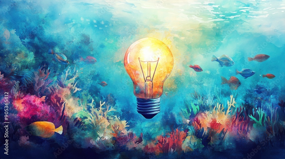 A vibrant underwater scene featuring a glowing light bulb amidst colorful corals and fish, symbolizing innovation in nature. A vibrant underwater scene featuring a glowing light bulb amidst colorful corals and fish, symbolizing innovation in nature.