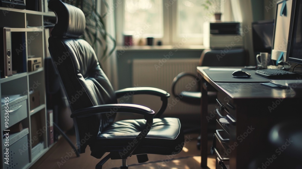 Black Leather Office Chair in a Home Office. Black Leather Office Chair in a Home Office.