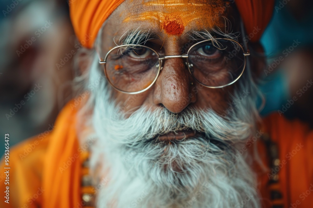 Obraz premium An intense gaze from an elderly man with a striking white beard and orange attire