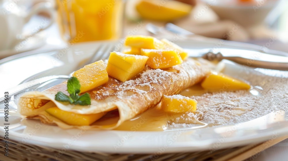 Fresh Mango Crepes on a Plate with Juicy Slices and Syrup Fresh Mango Crepes on a Plate with Juicy Slices and Syrup