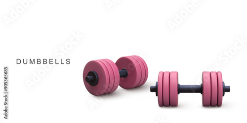 3d realistic two red dumbbells on white background. Vector illustration.