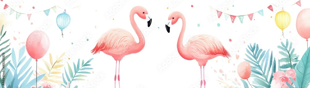 Fototapeta premium Colorful illustration of two flamingos celebrating with balloons and festive decorations, perfect for party themes.
