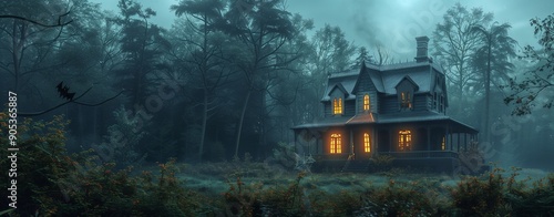 Stylized haunted house with glowing windows, surrounded by dark trees - 1
