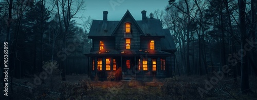 Stylized haunted house with glowing windows, surrounded by dark trees 