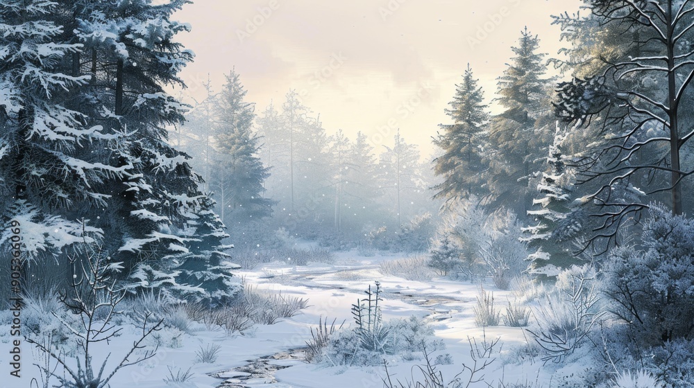 Fototapeta premium Serene Winter Forest Scene with Snow-Covered Trees and River