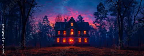 Stylized haunted house with glowing windows, surrounded by dark trees