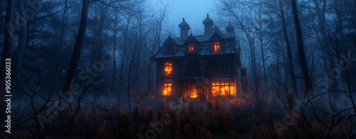 Stylized haunted house with glowing windows, surrounded by dark trees 