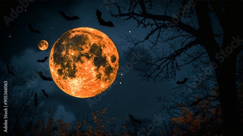 The sky is dark with moonlight and bats flying in the sky. The atmosphere is scary on Halloween night.