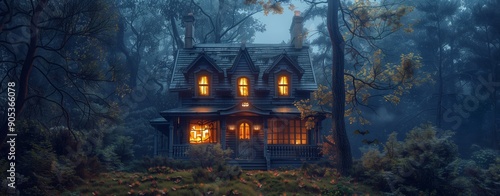 Stylized haunted house with glowing windows, surrounded by dark trees