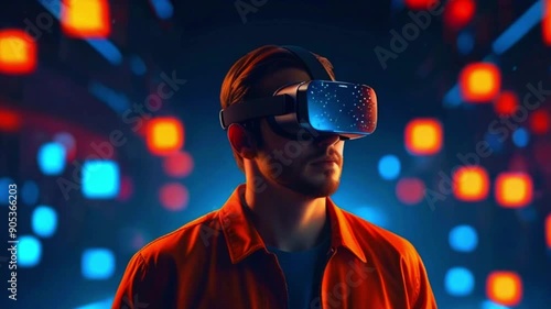 A man is wearing a virtual reality headset, standing in front of a wall of glowing squares. photo