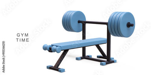 3d realistic gym bench and barbell on white background. Vector illustration.