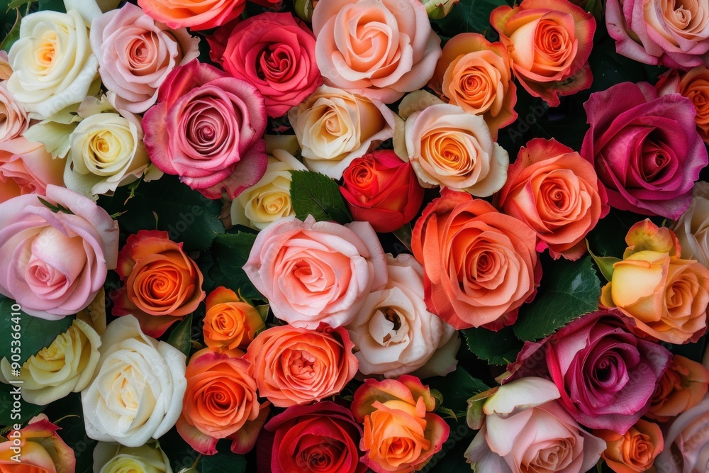 Bunch of multi color roses background top view Bunch of multi color roses background top view