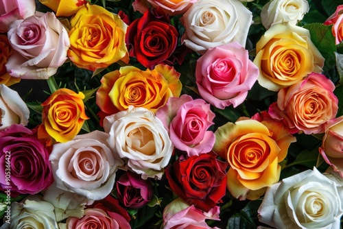 Fototapeta Naklejka Na Ścianę i Meble -  Bunch of multi color roses background top view