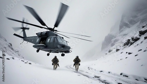 A military helicopter flies low over a snowy mountain pass during a snowstorm. Two soldiers, one Black and one Middle-Eastern, disembark into deep snow, setting up a perimeter as heavy snowflakes swir