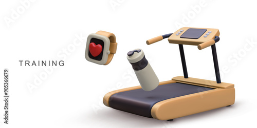 3d realistic pink fitness bracelet, Shaker water bottle and running track machine. Vector illustration.