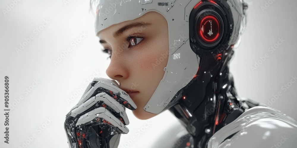 Close-up of a thoughtful female robot, cyborg, humanoid. showcasing advanced AI and futuristic design with red accents. Close-up of a thoughtful female robot, cyborg, humanoid. showcasing advanced AI and futuristic design with red accents.