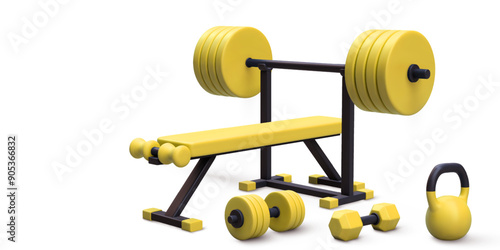 3d realistic gym bench and barbell, dumbbell, kettlebell, on white background. Vector illustration.