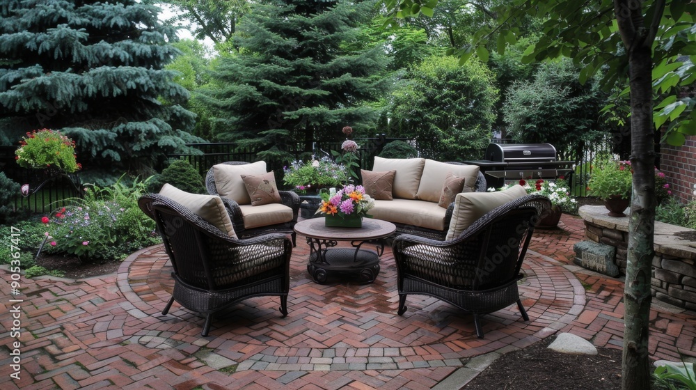 Obraz premium Elegant Outdoor Patio Seating in Lush Garden Setting