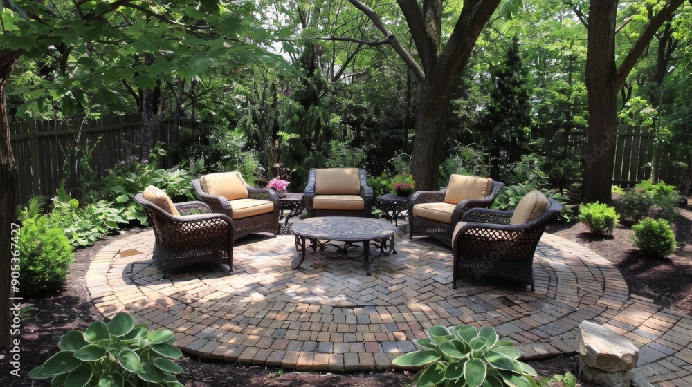 Elegant Outdoor Patio Seating in Lush Garden Setting Elegant Outdoor Patio Seating in Lush Garden Setting