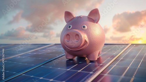 A piggy bank money box on a solar energy panel