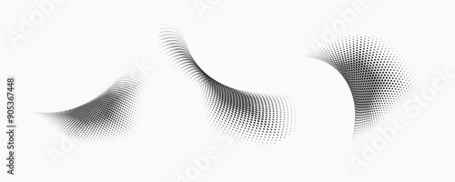 Set of dotted curved abstract shapes. Dotted pattern in halftone theme. Curved and twisted abstract gradients. Vector design element in black and white color.