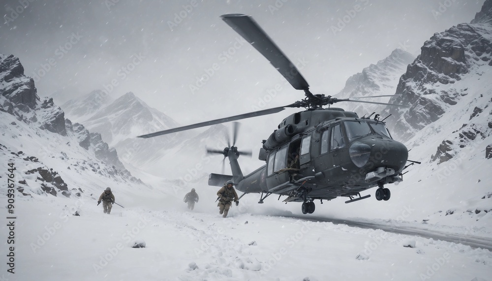 A military helicopter flies low over a snowy mountain pass during a snowstorm. Two soldiers, one Black and one Middle-Eastern, disembark into deep snow, setting up a perimeter as heavy snowflakes swir A military helicopter flies low over a snowy mountain pass during a snowstorm. Two soldiers, one Black and one Middle-Eastern, disembark into deep snow, setting up a perimeter as heavy snowflakes swir