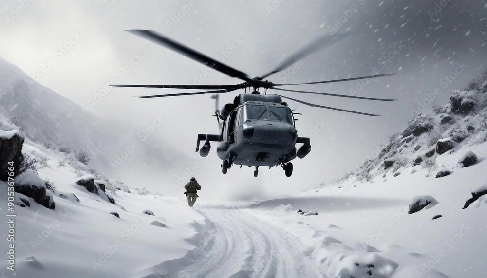 A military helicopter flies low over a snowy mountain pass during a snowstorm. Two soldiers, one Black and one Middle-Eastern, disembark into deep snow, setting up a perimeter as heavy snowflakes swir A military helicopter flies low over a snowy mountain pass during a snowstorm. Two soldiers, one Black and one Middle-Eastern, disembark into deep snow, setting up a perimeter as heavy snowflakes swir
