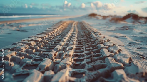 Fototapeta Naklejka Na Ścianę i Meble -  Sunset Beach Tire Tracks on Sandy Shoreline