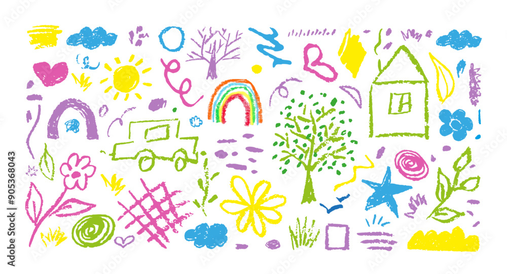 Fototapeta premium Doodle Kids Flowers, Cloud, Squiggles, Heart, Tree, Sun, Rainbow Hand Drawn With Charcoal Pencil Different Colors. Vector Illustration Of Children's Drawings With Chalk, Strokes, House, Plants, Grass.