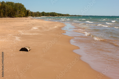 Looking north along the open beach at Harrington Beach State Park, Belgium, Wisconsin just before Memorial Day. photo