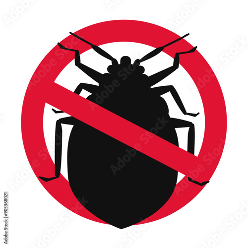 Illustration of bed bug silhouette prohibition mark. danger and ban.