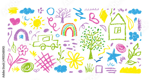 Doodle Kids Flowers, Cloud, Squiggles, Heart, Tree, Sun, Rainbow Hand Drawn With Charcoal Pencil Different Colors. Vector Illustration Of Children's Drawings With Chalk, Strokes, House, Plants, Grass.