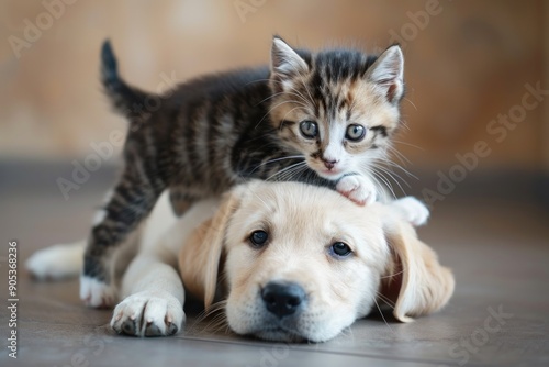 cute kitten climbing on puppies head. young dog and young cat together. pet friendship concept