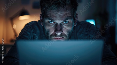 Entrepreneur working late night in office looking stressed out. businessman looking at computer screen with hand on forehead and thinking for solution.