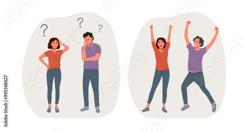 Young woman and man surrounded by a question mark and finding new idea. Flat style cartoon vector illustration. People stand full body.