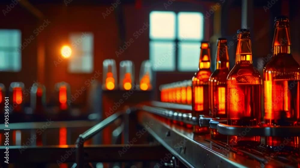 The video shows a row of glass beer bottles moving along a conveyor belt in a factory. The bottles are filled with a dark liquid, likely beer The video shows a row of glass beer bottles moving along a conveyor belt in a factory. The bottles are filled with a dark liquid, likely beer