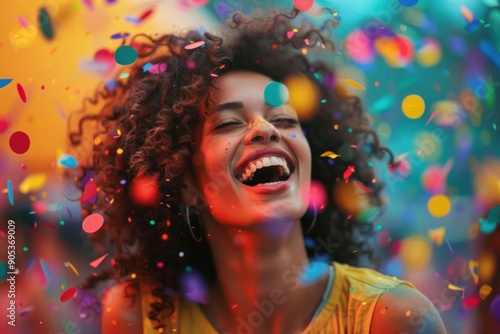 woman with curly hair enjoys the vibrant atmosphere at a colorful outdoor event