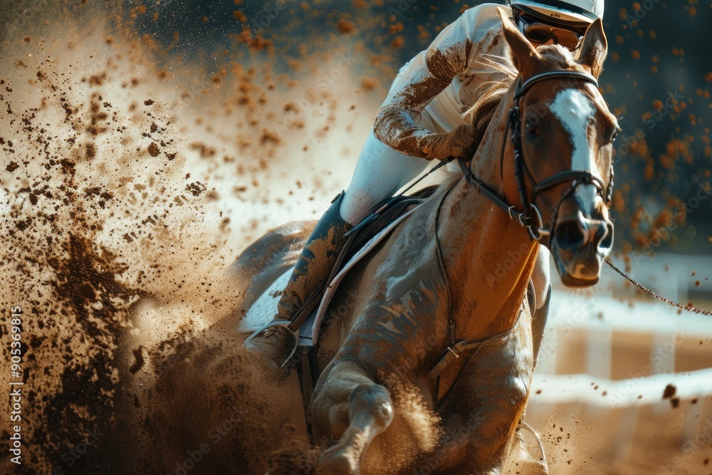 Fototapeta premium female equestrian competing in speed racing on a horse with mud splashes