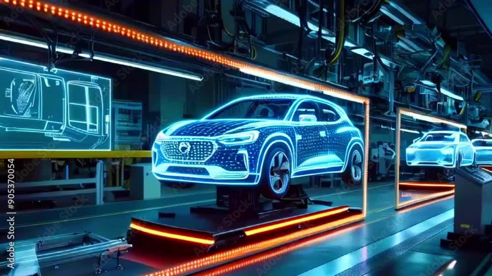 The video shows a car assembly line with a blue glowing car being assembled on a conveyor belt. The video shows a car assembly line with a blue glowing car being assembled on a conveyor belt.