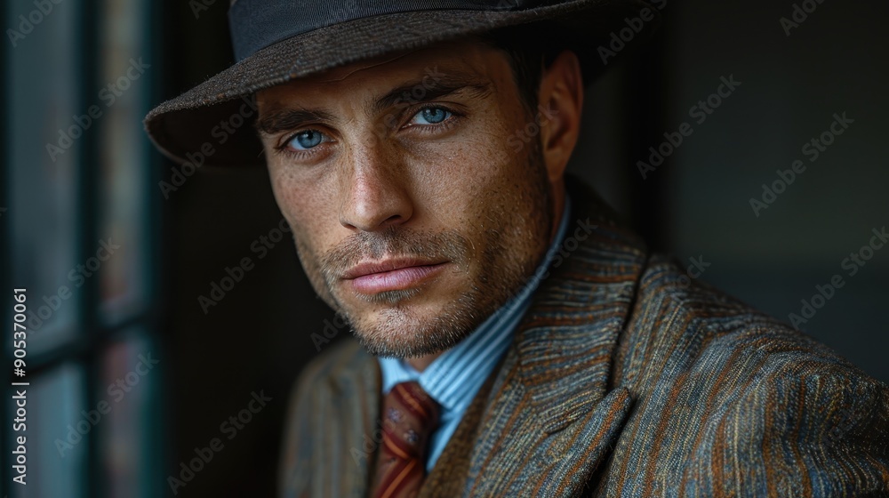 A portrait capturing the essence of a man in a tweed suit, wearing a hat, with piercing blue eyes, gracefully posed in a dimly lit setting. A portrait capturing the essence of a man in a tweed suit, wearing a hat, with piercing blue eyes, gracefully posed in a dimly lit setting.