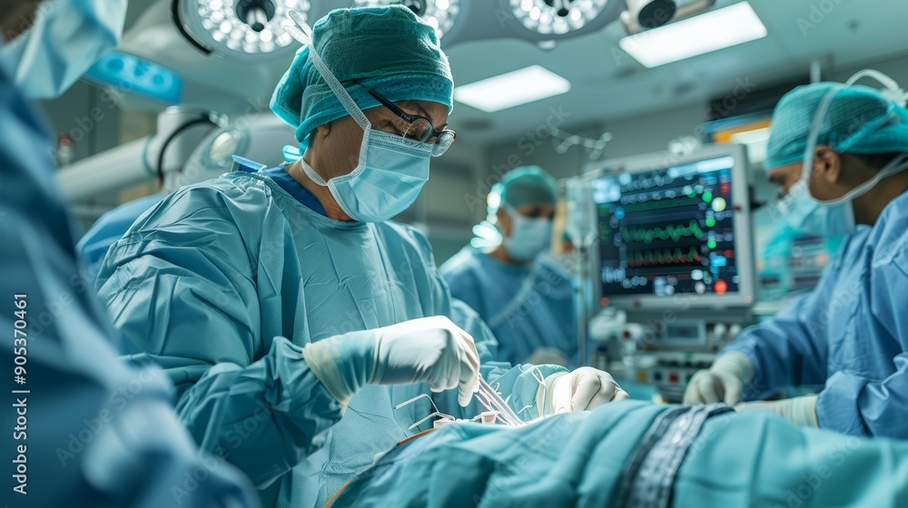 Skilled Surgeons Perform Complex Surgical Procedure in Modern Hospital Operating Room During Daytime. Generative AI Skilled Surgeons Perform Complex Surgical Procedure in Modern Hospital Operating Room During Daytime. Generative AI