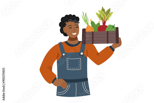 Harvest festival. Happy harvest poster. Autumn, harvest and Thanksgiving concept. Man with box of vegetables isolated on white.