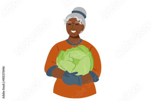 Harvest festival. Happy harvest poster. Autumn, harvest and Thanksgiving concept. Black skin woman with big cabbage isolated on white.