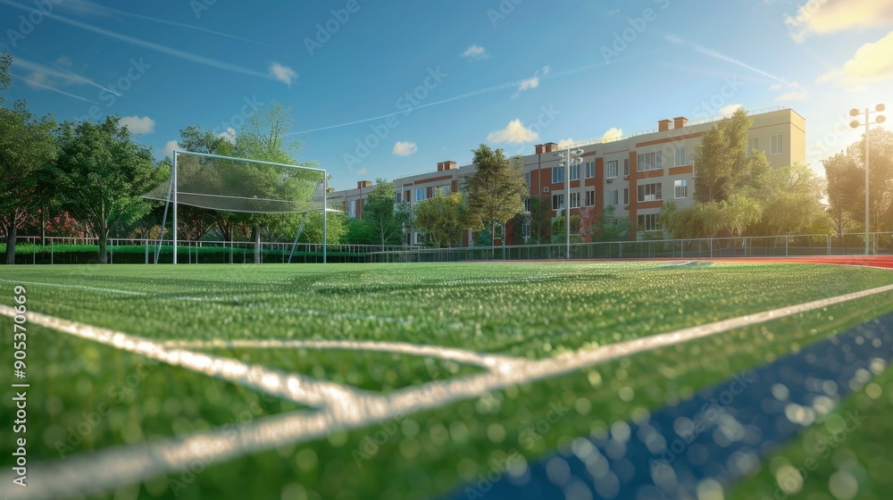 Soccer field with goalpost and apartment building in the background. Soccer field with goalpost and apartment building in the background.
