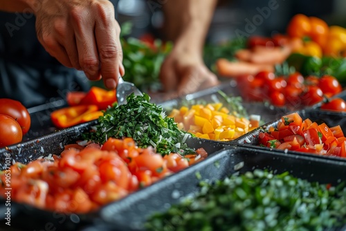 Preparing Fresh Ingredients at a Colorful Market Stall in Midday Sunlight