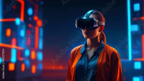 Video of a person wearing a virtual reality headset. They are standing in a futuristic city environment. photo