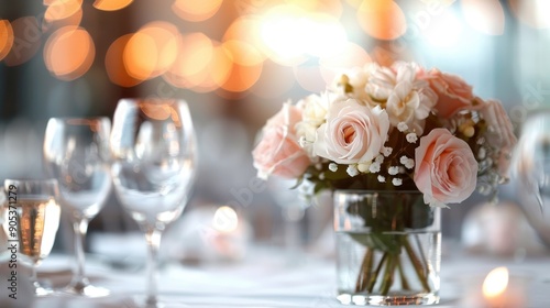 A sophisticated and elegant table setting featuring a beautiful bouquet of flowers, delicate glassware, and soft glowing candles, conveying a sense of romance and fine dining.