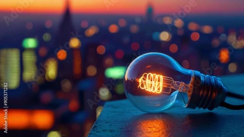 This is a video of a lightbulb with a city skyline in the background. The lightbulb is lit and the city is lit up at night. photo