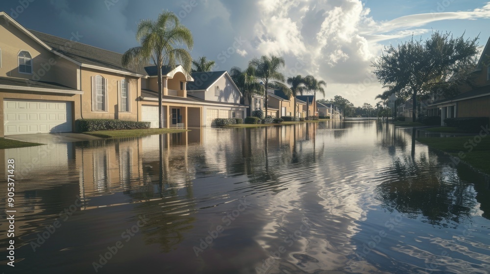 Fototapeta premium Suburban Flood Aftermath with Serene Water Reflections