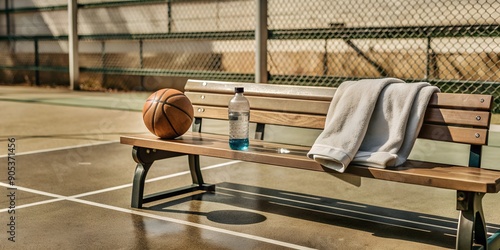 An empty bench by the basketball court with a towel and a water bottle resting on it.